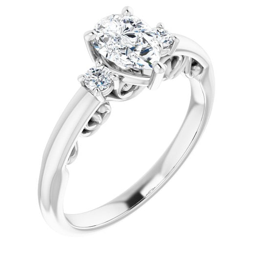 10K White Gold Customizable Pear Cut 3-stone Style featuring Heart-Motif Band Enhancement