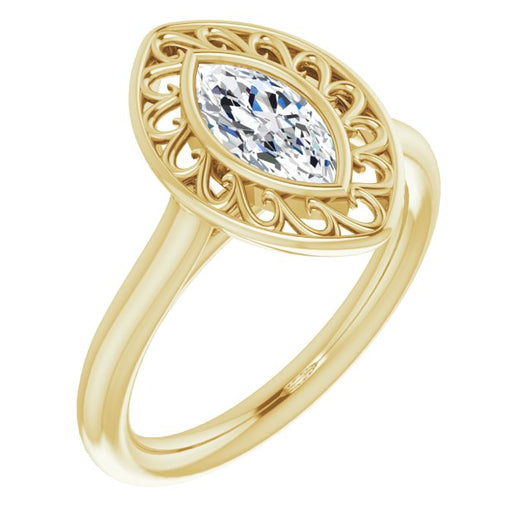 10K Yellow Gold Customizable Cathedral-Bezel Style Marquise Cut Solitaire with Flowery Filigree