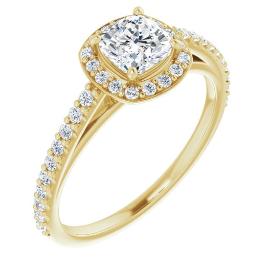 10K Yellow Gold Customizable Cushion Cut Design with Halo and Thin Pavé Band