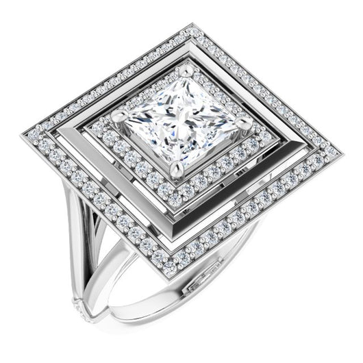 10K White Gold Customizable Princess/Square Cut Oversized 2x Halo Style with Knuckle Accented Split Band