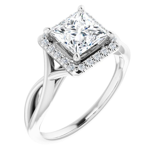 10K White Gold Customizable Cathedral-Halo Princess/Square Cut Design with Twisting Split Band