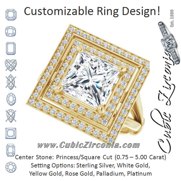 Cubic Zirconia Engagement Ring- The Cheryl (Customizable Cathedral-set Princess/Square Cut Design with Double Halo, Wide Split Band and Side Knuckle Accents)