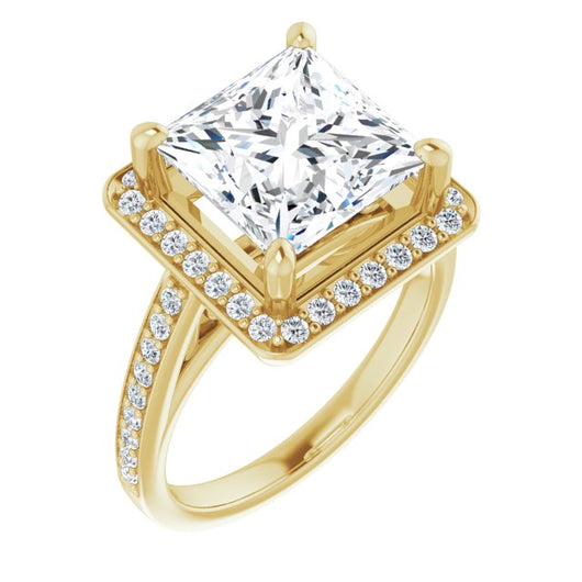 10K Yellow Gold Customizable Princess/Square Cut Style with Halo and Sculptural Trellis