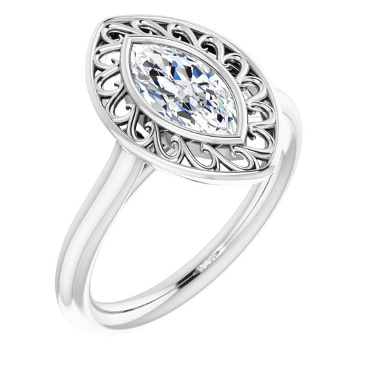 10K White Gold Customizable Cathedral-Bezel Style Marquise Cut Solitaire with Flowery Filigree