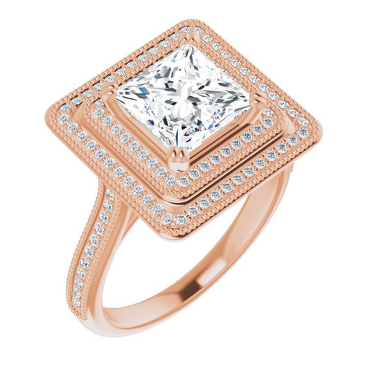 10K Rose Gold Customizable Princess/Square Cut Design with Elegant Double Halo, Houndstooth Milgrain and Band-Channel Accents