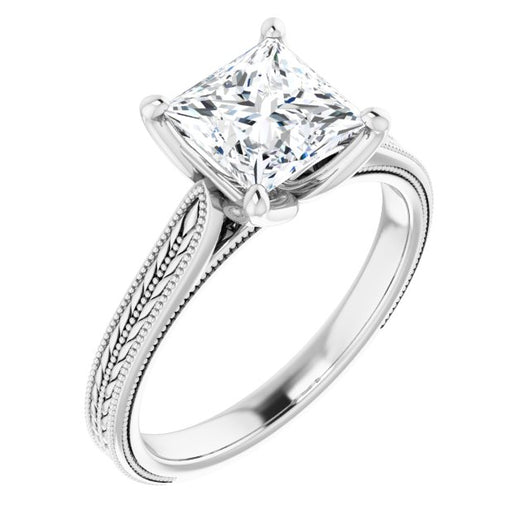 10K White Gold Customizable Princess/Square Cut Solitaire with Wheat-inspired Band 