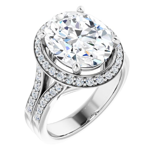 10K White Gold Customizable Oval Cut Halo Style with Accented Split-Band