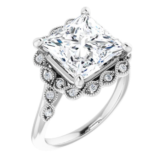 10K White Gold Customizable 3-stone Design with Princess/Square Cut Center and Halo Enhancement