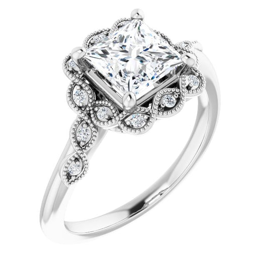 10K White Gold Customizable 3-stone Design with Princess/Square Cut Center and Halo Enhancement