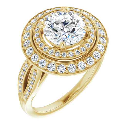 10K Yellow Gold Customizable Cathedral-style Round Cut Design with Double Halo & Split-Pavé Band