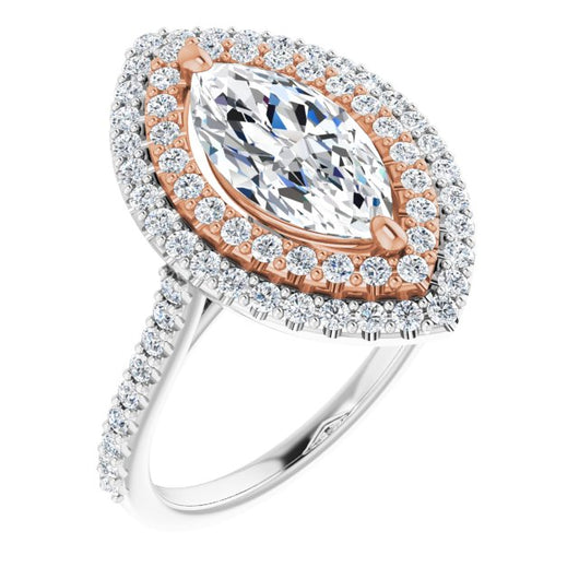 14K White & Rose Gold Customizable Double-Halo Marquise Cut Design with Accented Split Band