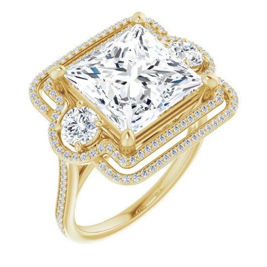 10K Yellow Gold Customizable Enhanced 3-stone Double-Halo Style with Princess/Square Cut Center and Thin Band