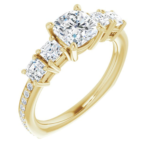 10K Yellow Gold Customizable Cushion Cut 5-stone Style with Quad Cushion Accents plus Shared Prong Band