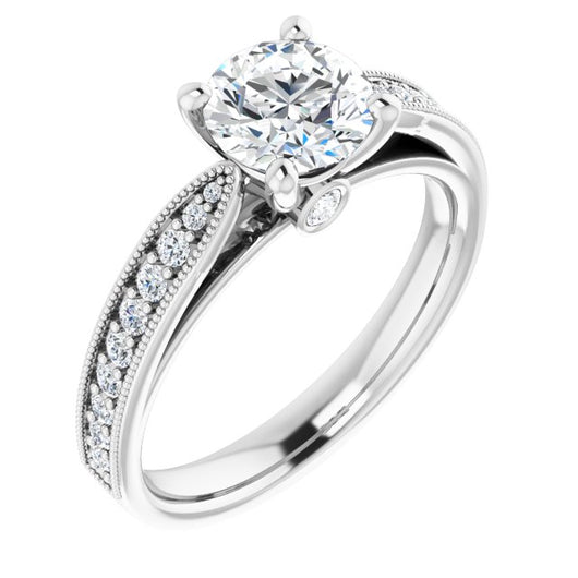 10K White Gold Customizable Round Cut Style featuring Milgrained Shared Prong Band & Dual Peekaboos