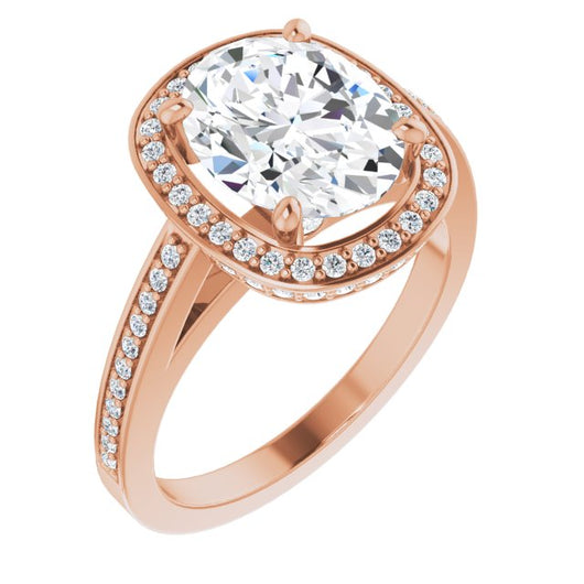 10K Rose Gold Customizable Cathedral-set Oval Cut Design with Halo, Thin Pavé Band & Round-Bezel Peekaboos