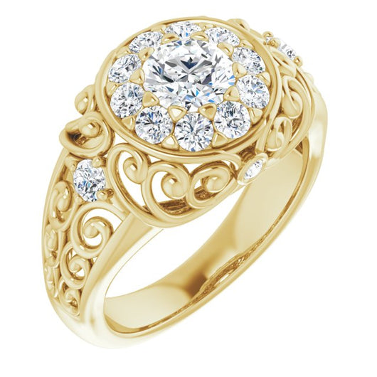 10K Yellow Gold Customizable Round Cut Halo Style with Round Prong Side Stones and Intricate Metalwork