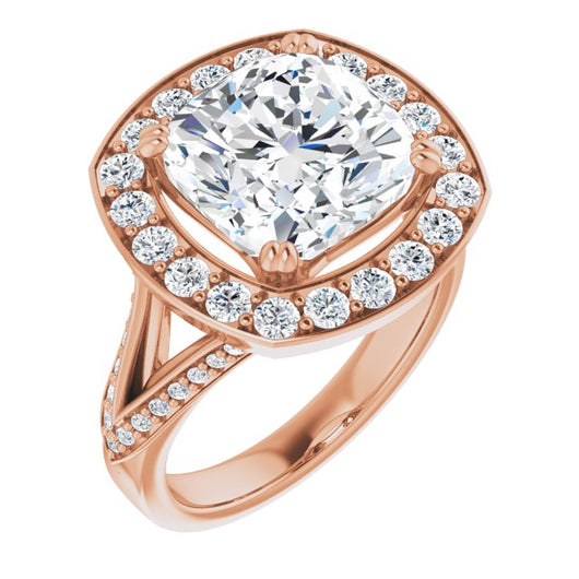 10K Rose Gold Customizable Cushion Cut Center with Large-Accented Halo and Split Shared Prong Band