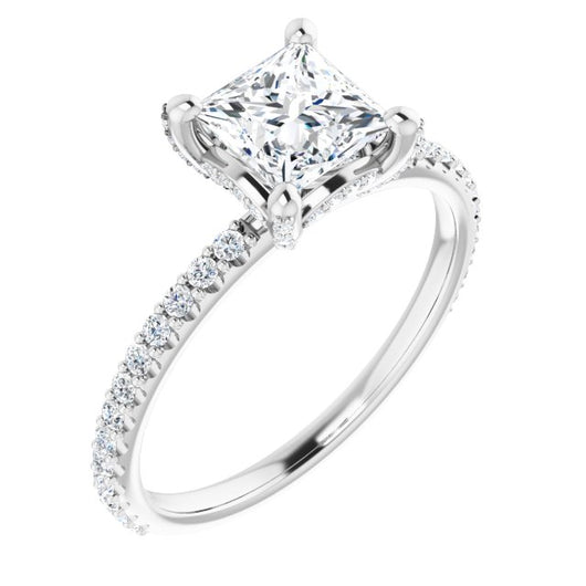 10K White Gold Customizable Princess/Square Cut Design with Round-Accented Band, Micropav? Under-Halo and Decorative Prong Accents)