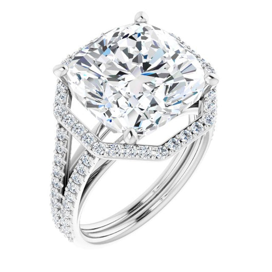 10K White Gold Customizable Cathedral Cushion Cut Design with Geometric Halo & Split Pavé Band