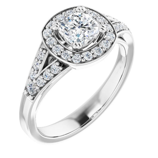 10K White Gold Customizable Cathedral-set Cushion Cut Style with Accented Split Band and Halo