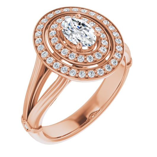 10K Rose Gold Customizable Cathedral-set Oval Cut Design with Double Halo, Wide Split Band and Side Knuckle Accents