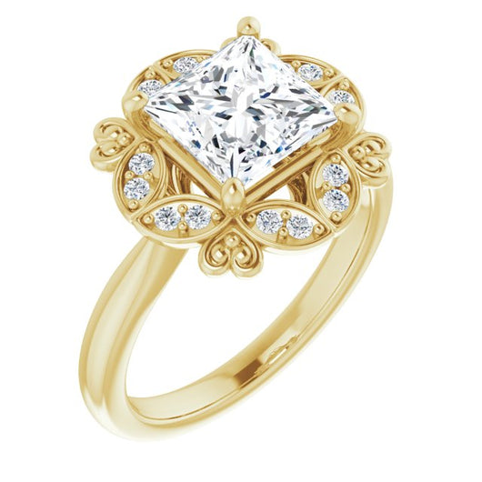 10K Yellow Gold Customizable Princess/Square Cut Design with Floral Segmented Halo & Sculptural Basket