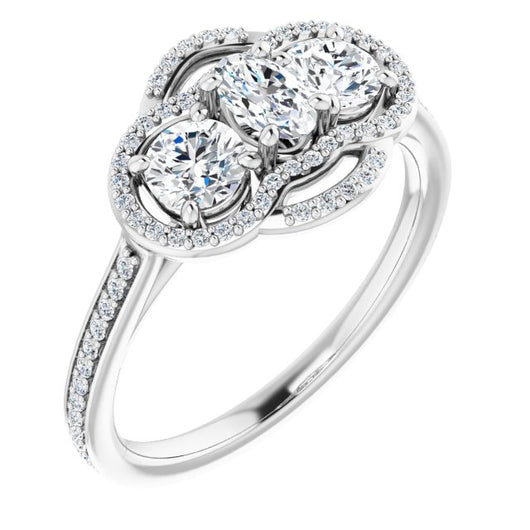 10K White Gold Customizable Enhanced 3-stone Double-Halo Style with Oval Cut Center and Thin Band