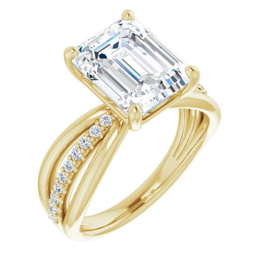 10K Yellow Gold Customizable Emerald/Radiant Cut Design with Tri-Split Accented Band