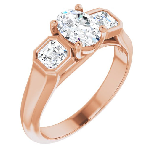 10K Rose Gold Customizable 3-stone Cathedral Oval Cut Design with Twin Asscher Cut Side Stones