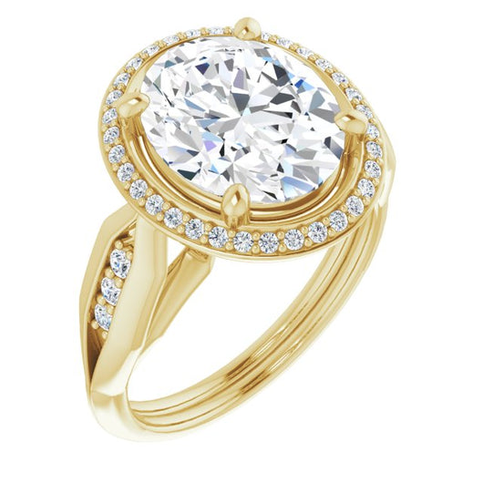 10K Yellow Gold Customizable Cathedral-raised Oval Cut Design with Halo and Tri-Cluster Band Accents