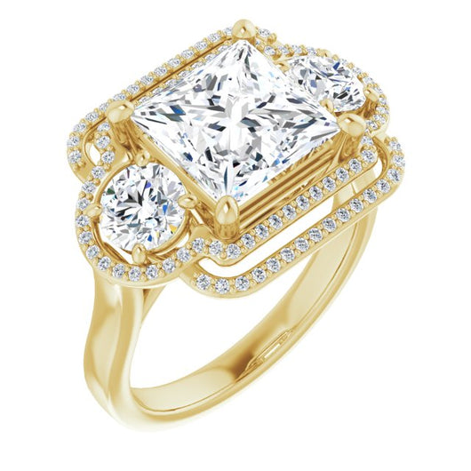 10K Yellow Gold Customizable Cathedral-set Enhanced 3-stone Princess/Square Cut Design with Multidirectional Halo