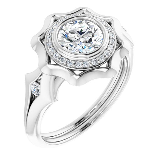 10K White Gold Customizable Bezel-set Round Cut with Halo & Oversized Floral Design