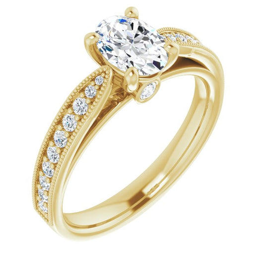 10K Yellow Gold Customizable Oval Cut Style featuring Milgrained Shared Prong Band & Dual Peekaboos