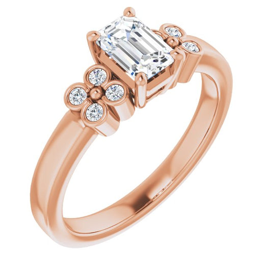 10K Rose Gold Customizable 9-stone Design with Emerald/Radiant Cut Center and Complementary Quad Bezel-Accent Sets