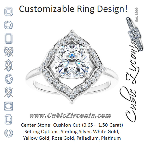 Cubic Zirconia Engagement Ring- The Casie Jean (Customizable Cushion Cut Style with Artistic Equilateral Halo and Ultra-thin Band)