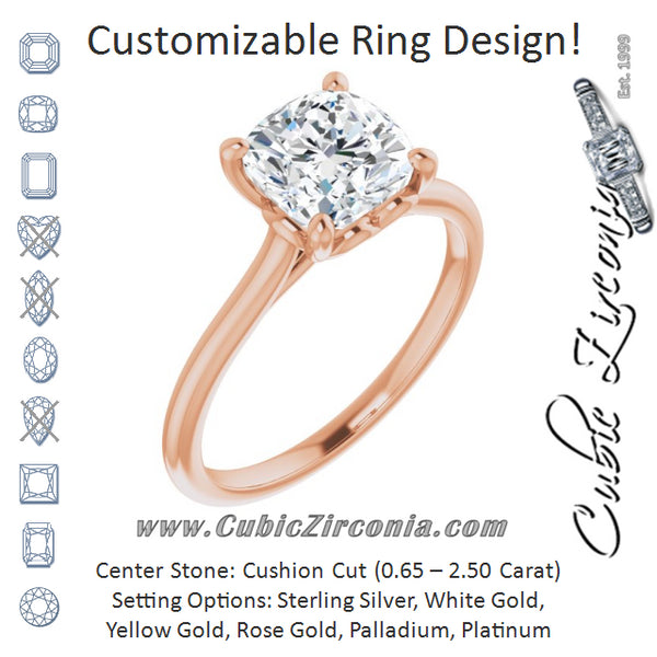 Cubic Zirconia Engagement Ring- The Josepha (Customizable Cathedral-style Cushion Cut Solitaire with Decorative Heart Prong Basket)