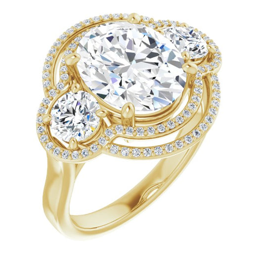 10K Yellow Gold Customizable Cathedral-set Enhanced 3-stone Oval Cut Design with Multidirectional Halo