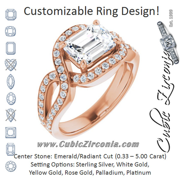 Cubic Zirconia Engagement Ring- The Effie (Customizable Emerald Cut Center with Infinity-inspired Split Shared Prong Band and Bypass Halo)