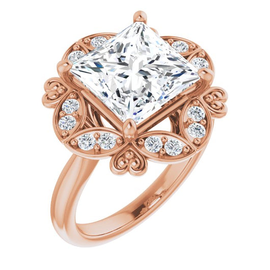 10K Rose Gold Customizable Princess/Square Cut Design with Floral Segmented Halo & Sculptural Basket