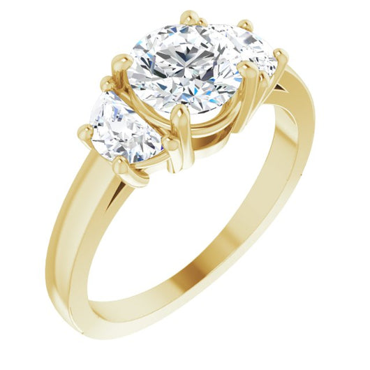 10K Yellow Gold Customizable 3-stone Design with Round Cut Center and Half-moon Side Stones