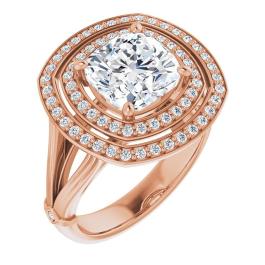 10K Rose Gold Customizable Cathedral-set Cushion Cut Design with Double Halo, Wide Split Band and Side Knuckle Accents