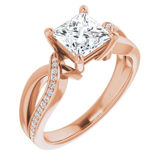 10K Rose Gold Customizable Princess/Square Cut Center with Curving Split-Band featuring One Shared Prong Leg