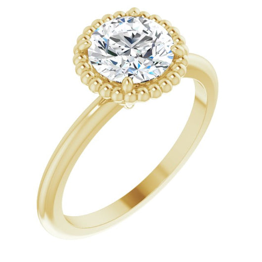 10K Yellow Gold Customizable Round Cut Solitaire with Beaded Metallic Milgrain