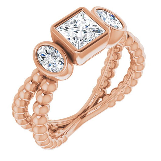 10K Rose Gold Customizable 3-stone Princess/Square Cut Design with 2 Oval Cut Side Stones and Wide, Bubble-Bead Split-Band