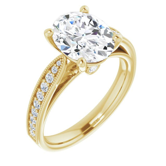 10K Yellow Gold Customizable Oval Cut Style featuring Milgrained Shared Prong Band & Dual Peekaboos