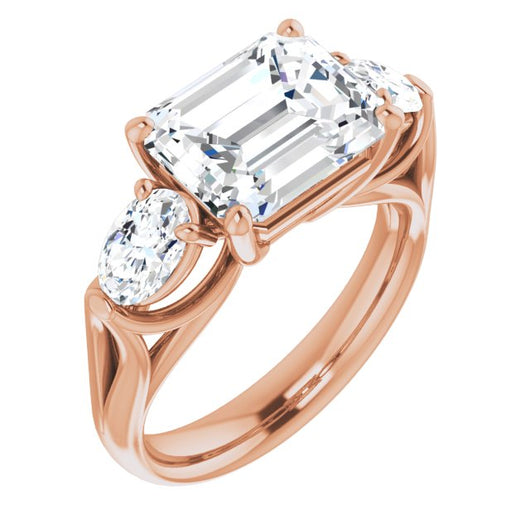 10K Rose Gold Customizable Cathedral-set 3-stone Emerald/Radiant Cut Style with Dual Oval Cut Accents & Wide Split Band