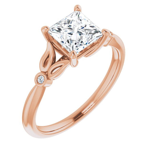 10K Rose Gold Customizable 3-stone Princess/Square Cut Design with Thin Band and Twin Round Bezel Side Stones