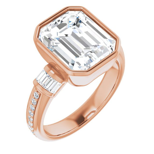 10K Rose Gold Customizable Cathedral-Bezel Emerald/Radiant Cut Style with Horizontal Baguettes & Shared Prong Band