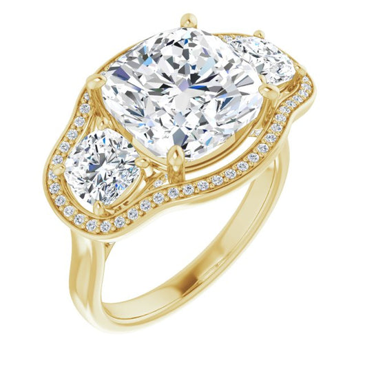 10K Yellow Gold Customizable 3-stone Design with Cushion Cut Center, Cushion Side Stones, Triple Halo and Bridge Under-halo