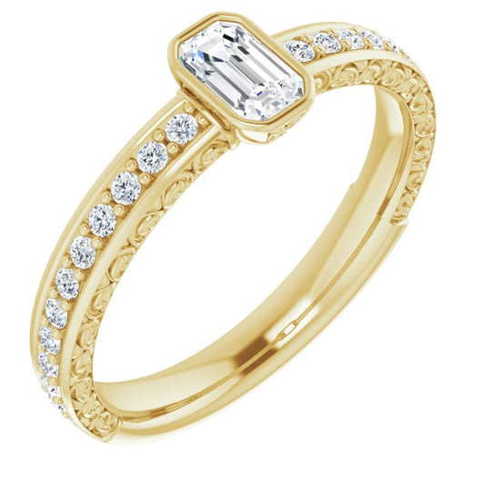 10K Yellow Gold Customizable Bezel-set Emerald/Radiant Cut Design with Cloud-pattern Band & Semi-Eternity Accents